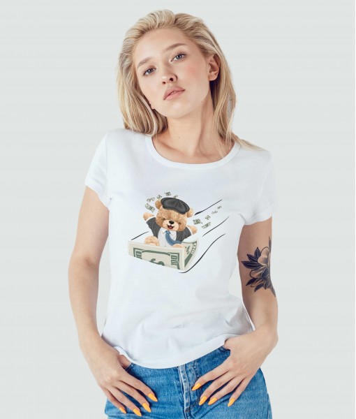 Дамска тениска с щампа Мечета Flying with money bear
